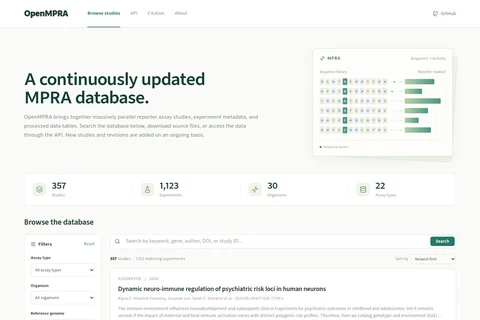 OpenMPRA database interface with its MPRA sequence illustration and study browser